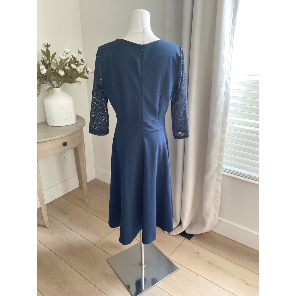 Miusol Womens Navy Blue Lace 3/4 Sleeve Fit and Flare Cocktail Dress Size L - Picture 4 of 11